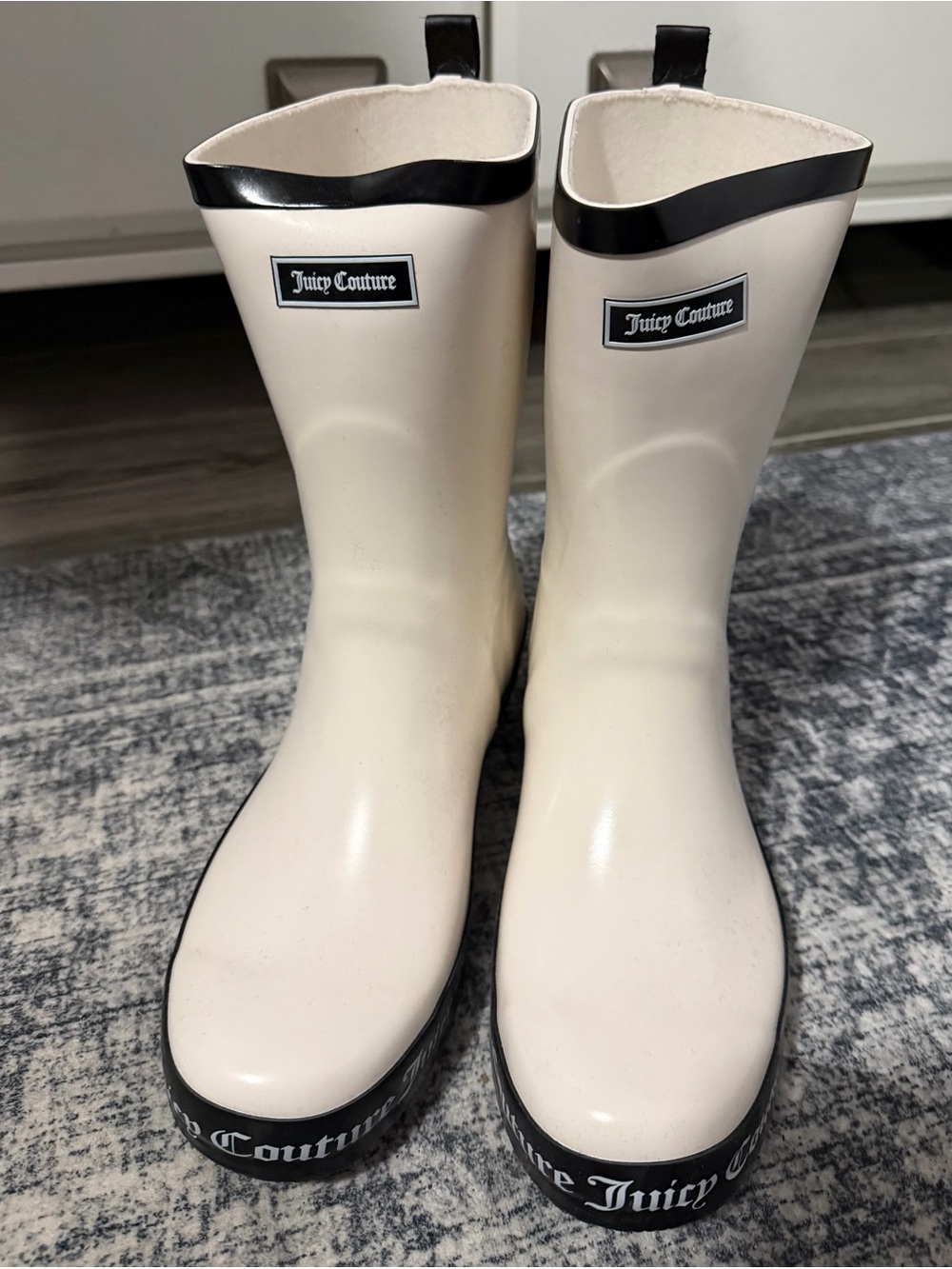 Juicy Couture Cream and Black Logo Rain Boots